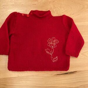 Hand Knitted Red Girls Sweater 5T with Floral Embroidery